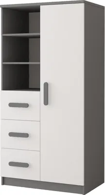 A studio shot of a children's bookshelf with drawers and a door.
