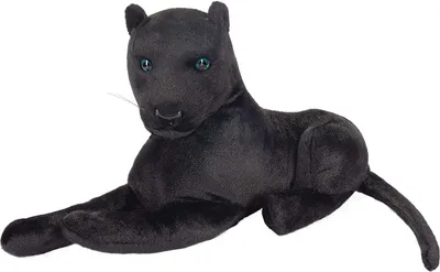 A plush toy panther lying down on a white background.