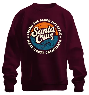 Immagine prodotto di Santa Cruz California West Coast Surfing Waves Retro Beach Life Felpa Unisex Pullover, Borgogna, M