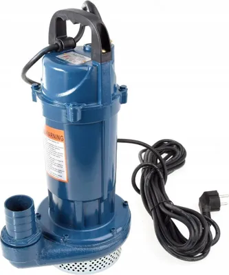 A blue submersible pump with a black power cord and plug, set against a white background.