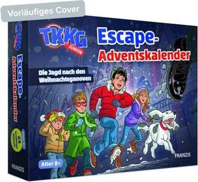 The image shows the front and side of a TKKG Junior Escape-Adventskalender box, featuring cartoon characters and a dog running in a snowy environment.