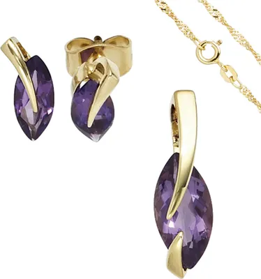 Produktbild von Schmuck-Set 585 Gelbgold 3 Amethyste lila violett Ohrringe Anhänger Kette 45cm