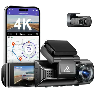 A smartphone displaying a dash cam app interface, a separate dash cam unit, and a smaller dash cam unit mounted on a windshield.