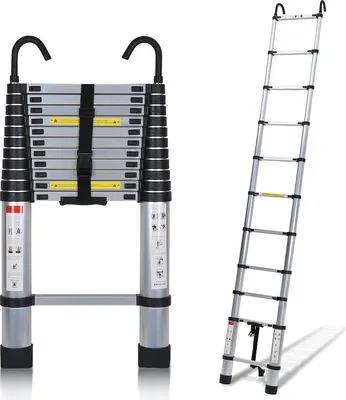 Produktbild von Fiqops teleskopický rebrík výsuvný rebrík skladací rebrík stabilný hliníkový rebrík do 150 kg 3,2 m strieborný s hákmi