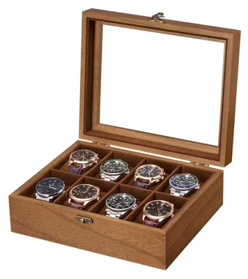 Image de Boîte à montres en bois avec 8 compartiments et couvercle en verre