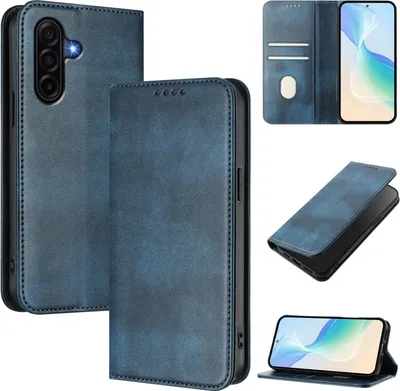 Image de Housse de téléphone portable pour Samsung Galaxy A37, Vintage Cuir RFID Protection Porte-carte Stand Fonction magnétique Housse à rabat bleu