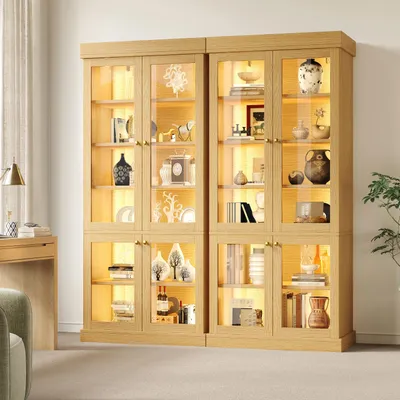 Immagine prodotto di Set da 2 mobili moderni in legno naturale marrone, altezza 180 cm: mobiletto da cucina con illuminazione LED integrata, mobile buffet, mobiletto alto 80x40x180 cm
