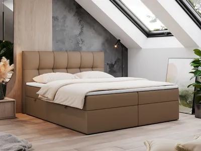 Produktbild von Boxspringbett 180x200 mit Bettkasten, Bett mit Multipocket - Matratze H3 Topper, Polsterbett 180x200 mit Bettkasten Kopfteil, Boxspringbett mit Matratze H3 - RICO - 180x200 - Braun - Kunstleder - H3