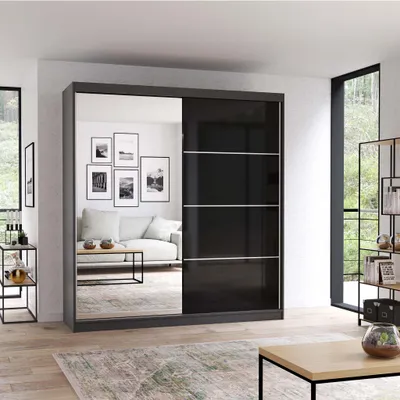 Produktbild von Schwebetürenschrank Kleiderschrank Schrank 203 cm Grau/Schwarz mit Spiegel Multi 31
