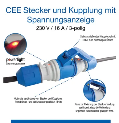 Obrázok produktu pre as-Schwabe CEE spojka s indikátorom napätia POWERLIGHT 230V 16A 3-pin IP44