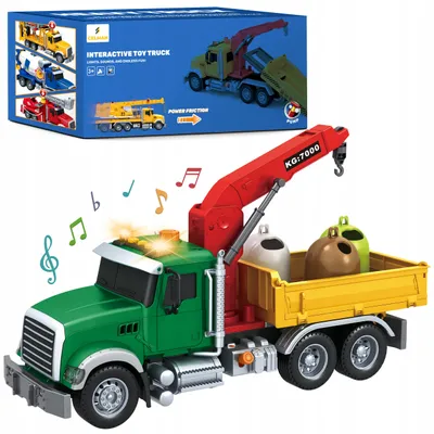 Image de Camion poubelle jouet 1:12 avec grue, lumières et sons – benne à ordures, 3 poubelles de tri sélectif, camion à friction
