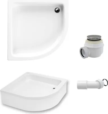 A collection of shower tray components, including a shower tray, a drain assembly, and a pipe fitting, arranged against a white background.