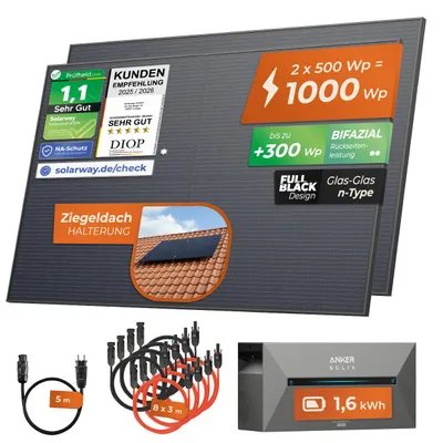 Produktbild von Solarway®️ 1000Wp / 800W Balkonkraftwerk mit 1,6 kWh Speicher komplett Steckdose - 1,6 kWh Anker SOLIX 2 PRO Speicher