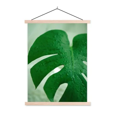 Produktbild von MuchoWow® Textilposter Nahaufnahme von Tröpfchen auf einem Blatt der Käsepflanze (Monstera deliciosa) 120x160 cm mit holzfarbenen Rahmen - Plakatkarton
