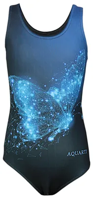 Produktbild von Aquarti Mädchen Badeanzug mit Ringerrücken Print, Farbe: Schmetterling Blau / Schwarz, Größe: 152