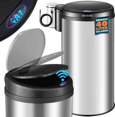 Image de Poubelle automatique en acier inoxydable 40 L argent Poubelle de cuisine ronde avec support de sac Capteur de mouvement