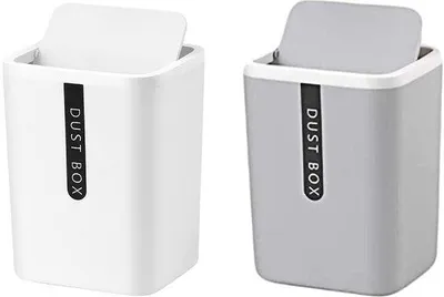 Produktbild von Ibenzoa® Tisch-Mülleimer 2er-Set mit Drehdeckel – kompakte Tischabfalleimer aus hochwertigem, umweltfreundlichem Kunststoff, Grau & Weiß, 12,4×10,8×16 cm