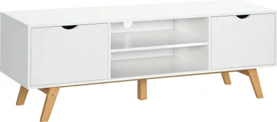 Image de HOMCOM Meuble TV Banc TV sur Pied Moderne Scandinave 2 Portes 2 niches en Bois Blanc 150L x 39l x 50H cm