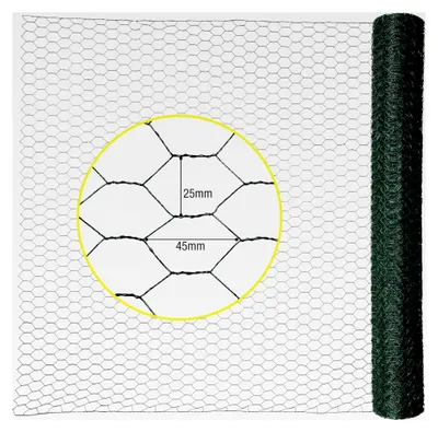 Produktbild von Maschendrahtzaun 100 cm Höhe, 25 m Länge - Maschenweite 25 x 45 mm - grün PVC-ummantelt - Sechseckgeflecht, grobmaschiges Drahtgitter, Hasendraht, Drahtzaun, Kaninchendraht, Hasengitter