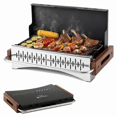Produktbild von KOMFOTTEU Holzkohlegrill, tragbar und faltbar Grillrost mit 2 verstellbaren Grillhöhen, Holzgriffen, Magnetverschluss, ideal zum Grillen und Campen