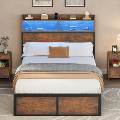 Image de Cadre de lit avec LED et ports USB - Marron avec tête de lit et 2 étagères, 200 x 120 cm
