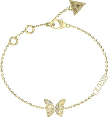 A gold-colored bracelet with a butterfly charm and the brand name "Guess" on the chain, displayed on a white background.