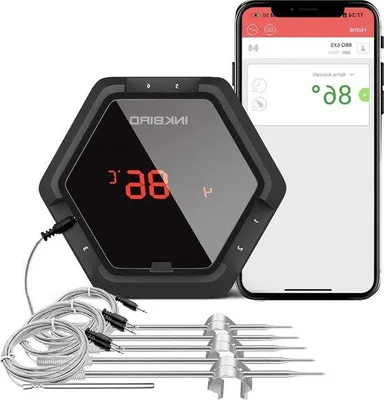 Image de Thermomètre sans fil Bluetooth avec 6 capteurs, portée de 50 mètres, rechargeable par USB, minuterie et alarme de température, noir