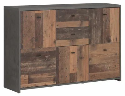 Kommode BEST CHEST K233 5-trg. mit 2 Schubladen in Old Wood Vintage Optik, Frontansicht mit grauem Korpus.