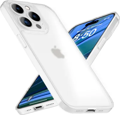 Two transparent iPhone cases are shown diagonally against a white background. One case is in the foreground, showing the back with the Apple logo. The second case is behind and to the right, showing the screen with the time displayed.