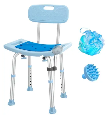 Zdjęcie produktu dla Krzesło pod prysznic z oparciem, regulowane w zakresie wysokości 34-50 cm, wykonane z aluminium, wytrzymuje obciążenie do 150 kg