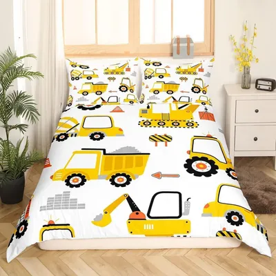 Produktbild von Bettwäsche Set Kinder Jungen 135x200cm Mikrofaser Gelb Bagger Traktor Mehrfarbig