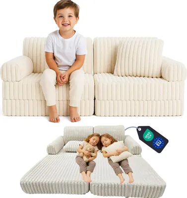 Produktbild von ODOL-PLUSZ® Spielsofa, Kindersofa aus Schaumstof - Bausteine Kindercouch mit Klappmatratze | Kuschelecke, Leseecke, Gästebett | Sofa fürs Kinderzimmer mit Armlehnen, Rückenlehnen & Kissen