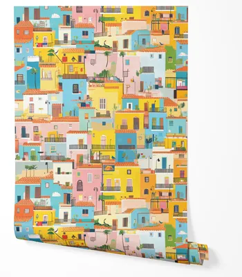 Produktbild von Vliestapete Bunte Häuser Stadt Mediterran Illustration Wandtapete Wohnzimmer Schlafzimmer Küche Flur Modern Design Abwaschbar UV-beständige Tapete 5m x 0.5m