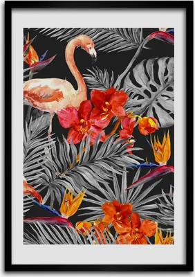 Produktbild von Bild - Bilderrahmen - 50 cm x 70 cm - MDF - Rahmen - Wandkunst Flamingos und Blumen