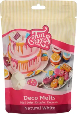 A pouch of FunCakes Deco Melts in Natural White, with images of decorated cakes and popsicles.