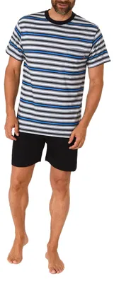 Produktbild von Herren kurzarm Schlafanzug Shorty Pyjama in lässiger Streifenoptik - 122 105 90 745 ; blau , 48