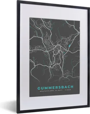 Produktbild von MuchoWow® Gerahmtes Poster Gummersbach - Stadtplan - Blau - Karte - Deutschland 30x40 cm - Poster mit Schwarzem Bilderrahmen Wandposter Rahmen Foto Bilder - Wandposter Schlafzimmer