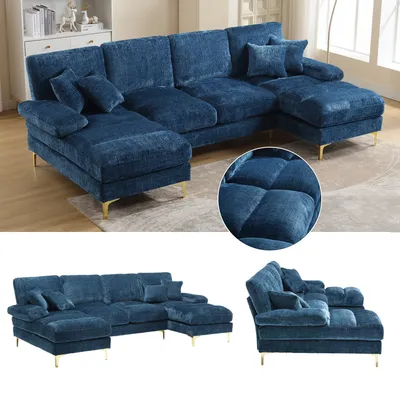 A collage of images showing a blue U-shaped sectional sofa with gold legs, including a close-up of the tufted cushions.