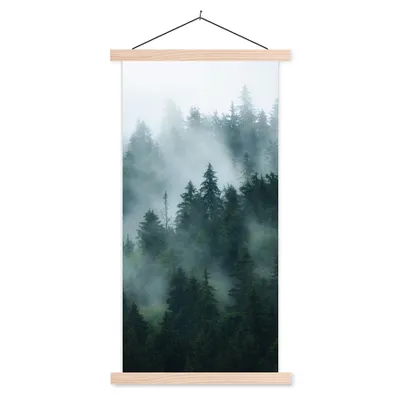 Produktbild von MuchoWow® Textilposter Nebel - Bäume - Wald 60x120 cm mit holzfarbenen Rahmen - Holz