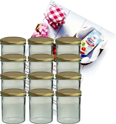 Zdjęcie produktu dla zestaw 12 kubków na dżem 350 ml, słoik na przetwory To82 ze złotą pokrywką i książeczką z przepisami