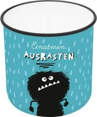 Produktbild von Lieblingskerze in Emailleoptik Motiv "Einatmen. Ausrasten."