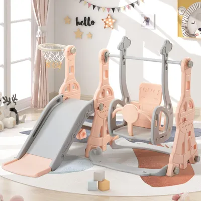 Immagine prodotto di INONEFT, scivolo per bambini, 4 in 1: scivolo con canestro da basket, scaletta, altalena e scivolo per il giardino, colore rosa