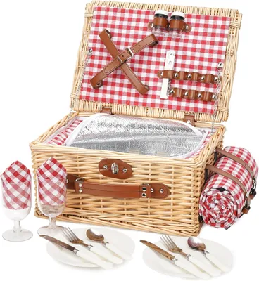 Imagen del producto de Cesta de picnic para 2 personas, con compartimento refrigerado, manta de picnic impermeable, juego de cubiertos, hecha a mano, ideal para camping