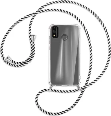 Produktbild von Handykette Backcover-Schutzhülle mit Band (Metall silberfarben) für Honor 9X Lite - schwarz/weiß gestreift