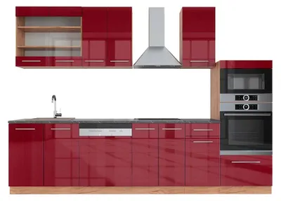 Produktbild von Küchenzeile Vicco Fame-Line Bordeaux Hochglanz/Goldkraft Eiche 300 cm mit Hochschrank, AP Anthrazit, Model 42200
