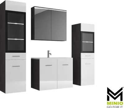 A set of modern bathroom furniture, including a tall cabinet, a vanity with a sink, and a wall-mounted cabinet.