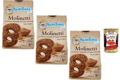 Produktbild von Mulino Bianco Molinetti Vollkornkekse mit Buchweizen, reich an Ballaststoffen, ohne Palmöl, italienisches Frühstücksgebäck 3 x 350 g Familienpack + Italian Gourmet polpa
