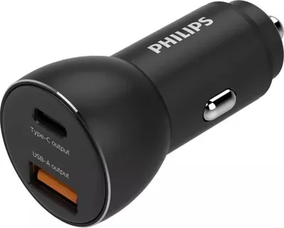 Zdjęcie produktu dla Ładowarka samochodowa Philips DLP2521/03 z wyjściem USB-A i USB-C - Zapalniczka samochodowa - Szybkie ładowanie - Kompatybilna z iPhone i Samsung - Czarna