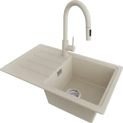 Produktbild von PRIMAGRAN Granitspüle Beige 70x44cm, Spülbecken 1 Becken + Küchenarmatur 40x20cm + Ablauf-Set, Küchenspüle ab 45er Unterschrank - Kopenhagen Easy