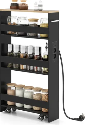 A black four-tier narrow kitchen cart with a wooden top, filled with various jars and bottles.